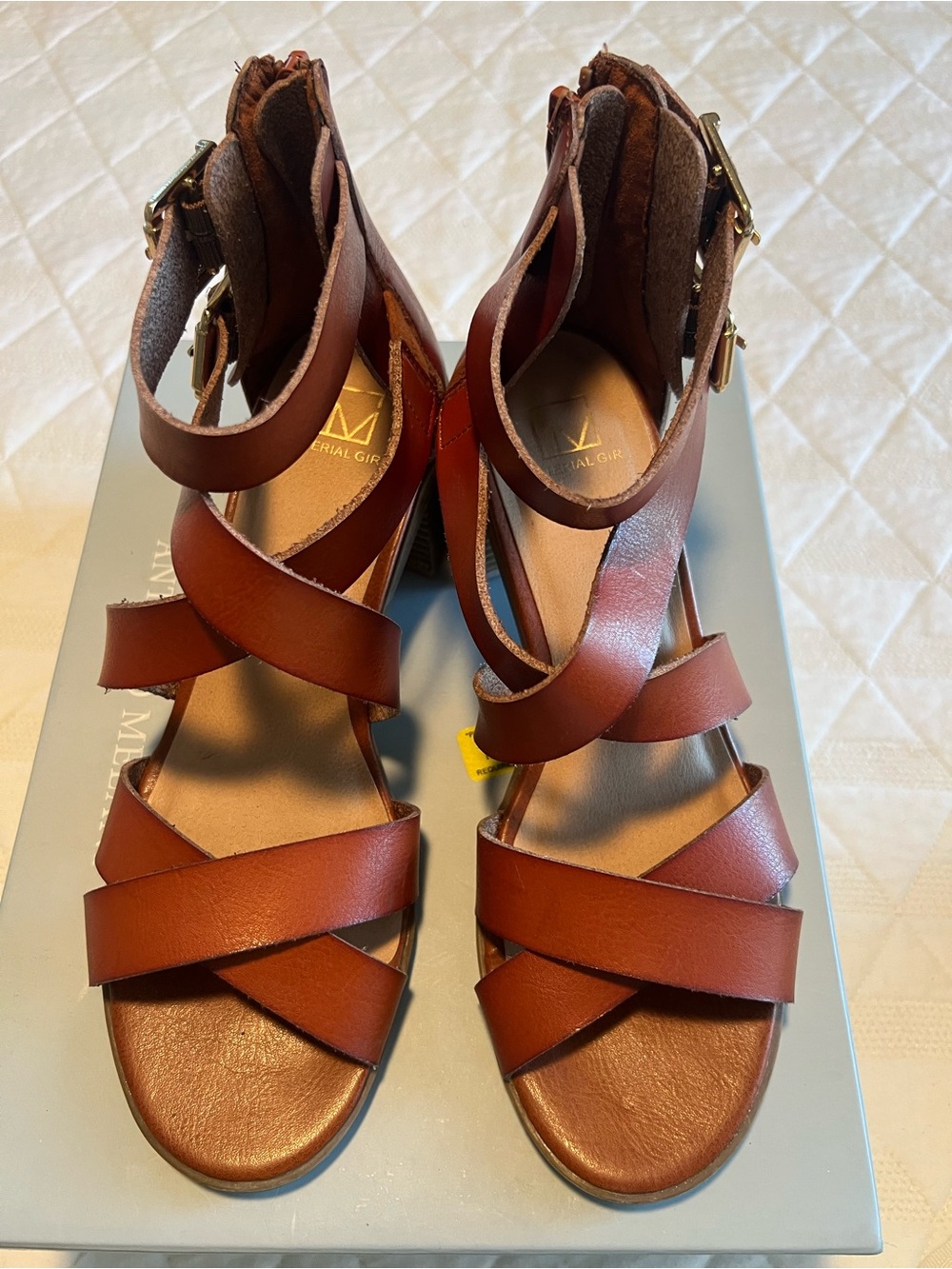 Material Girl Brown Leather Crisscross Ankle-Strap Sandals